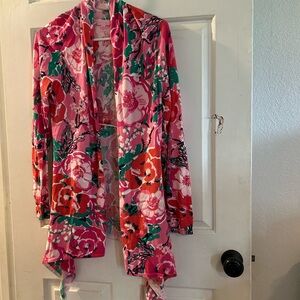 Lilly Pulitzer Pink Floral Open-Front Robe Cardigan with Green Accents